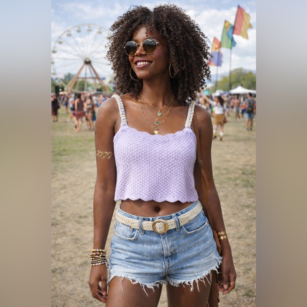 HOUSE OF HARLOW Purple CROCHET Tank TOP Pearls